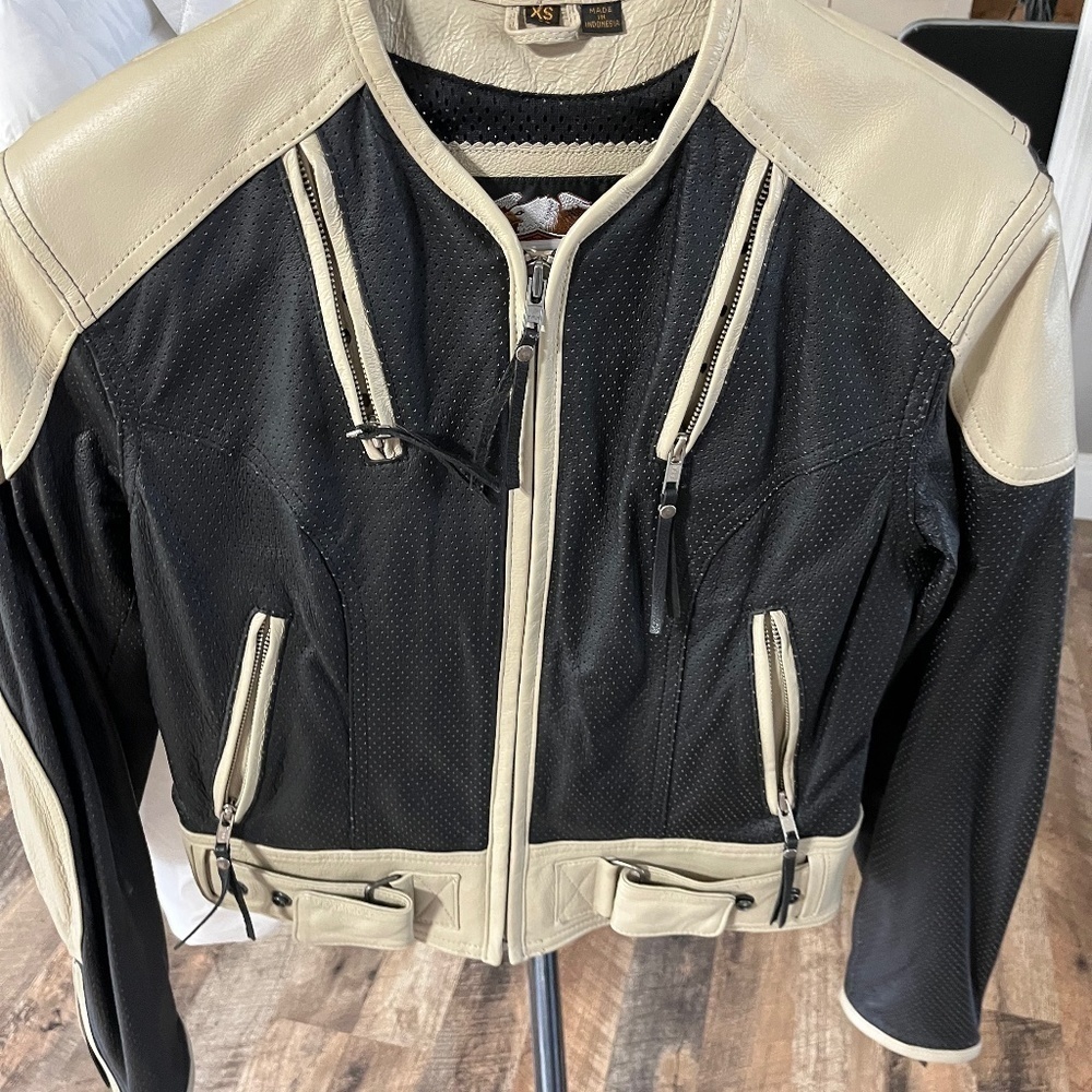Harley Davidson Tan/Black Leather Zip Up Jacket XS